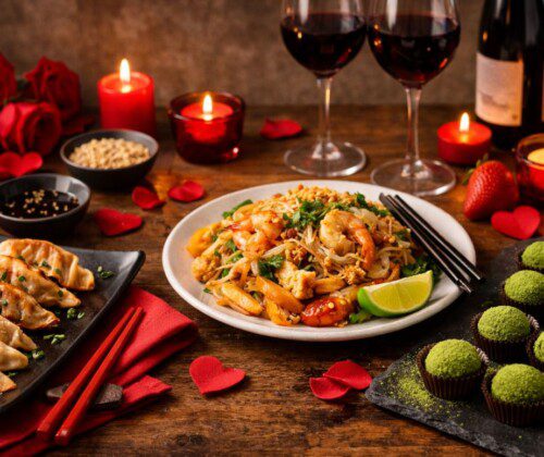 menú de cocina asiática para san valentín con gyozas pad thai y matcha