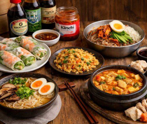 Recetas asiáticas para cada estación con ramen, rollitos frescos, kimchi jjigae y arroz jazmín sobre mesa de madera