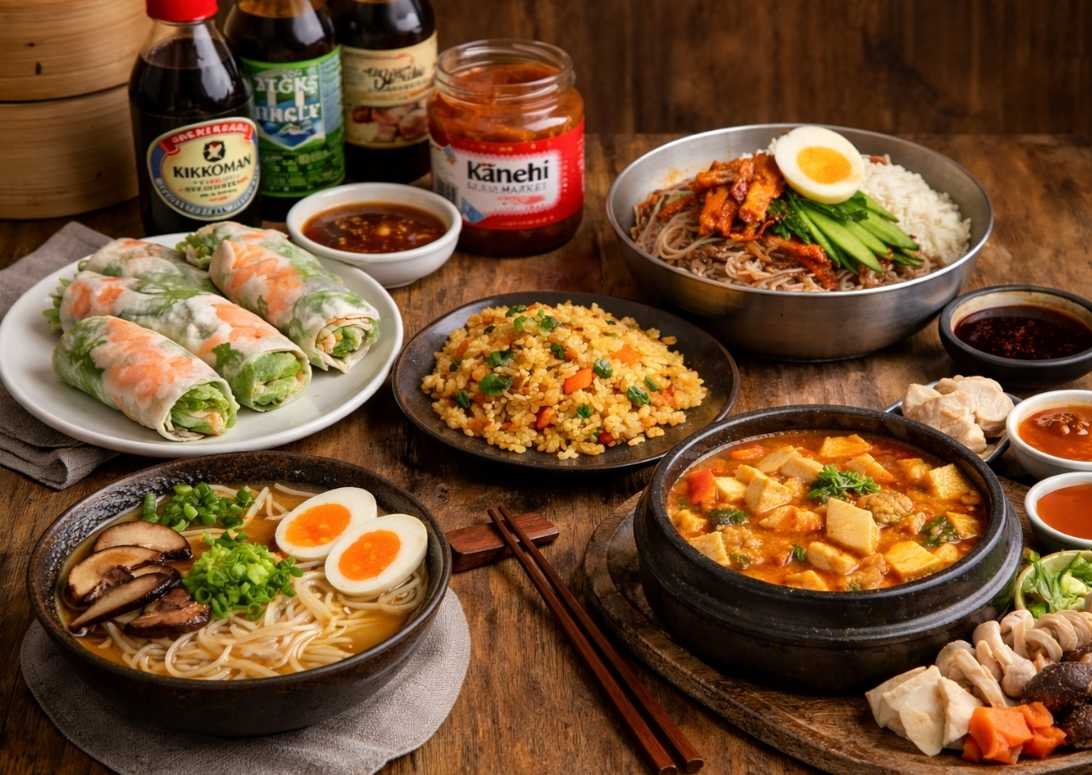 Recetas asiáticas para cada estación con ramen, rollitos frescos, kimchi jjigae y arroz jazmín sobre mesa de madera