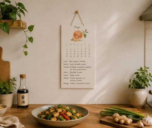 Calendario de mayo con cenas asiáticas rápidas en una cocina minimalista con ingredientes orientales
