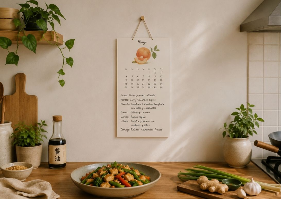 Calendario de mayo con cenas asiáticas rápidas en una cocina minimalista con ingredientes orientales
