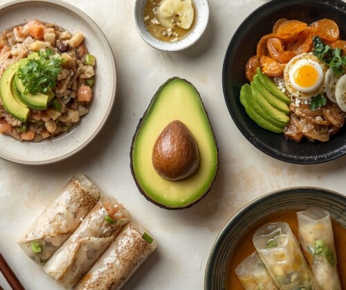 Cocina asiática con aguacate: sushi, bibimbap y rollitos vietnamitas alrededor de un aguacate fresco.
