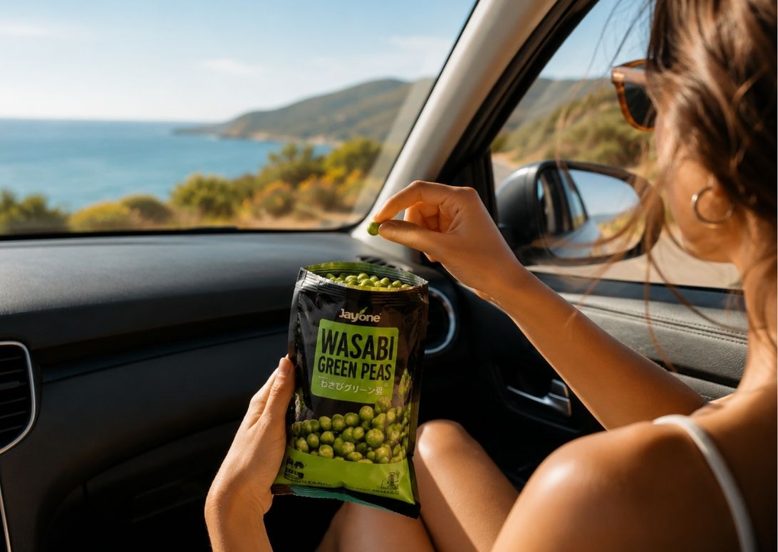 Selección de snacks asiáticos para un road trip con patatas Lays sabor pepino, galletas Want Want, caramelos Kopiko, guisantes wasabi y snacks de algas.