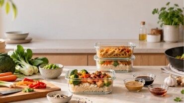 Batch cooking asiático con táperes de arroz y noodles, verduras frescas y salsas en una cocina.
