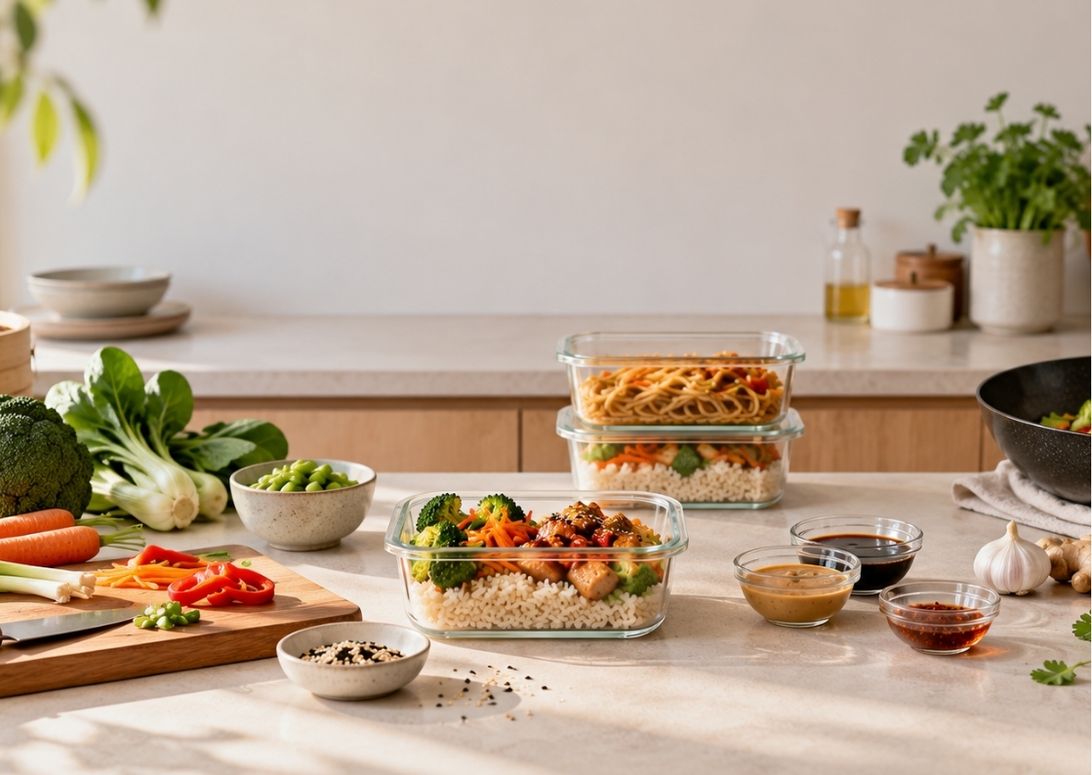 Batch cooking asiático con táperes de arroz y noodles, verduras frescas y salsas en una cocina.